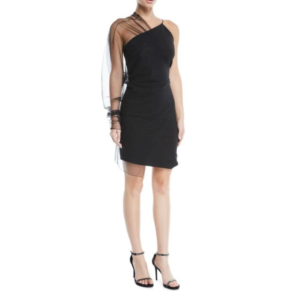 Cushnie Black Single Sleeve Mini Dress Tulle Overlay Size 0